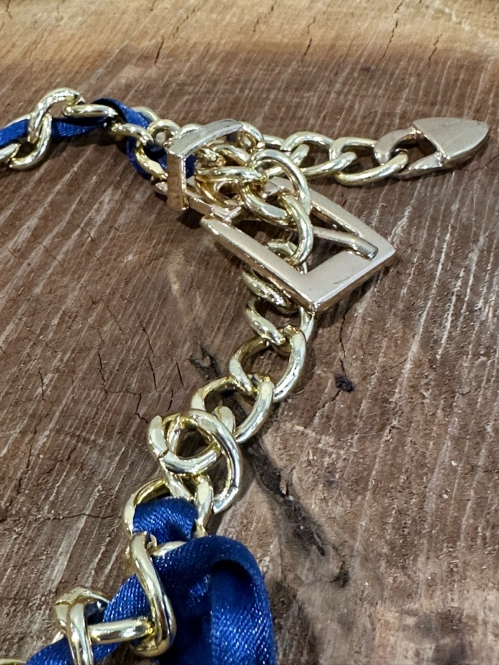 MONA LISA Gold Charm Necklace with Blue Ribbon